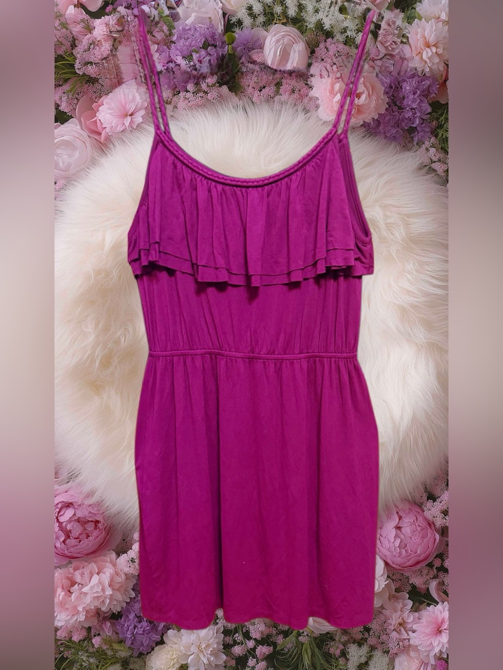 Pink Rose Fuchsia Ruffle Spaghetti Strap Dress size Large